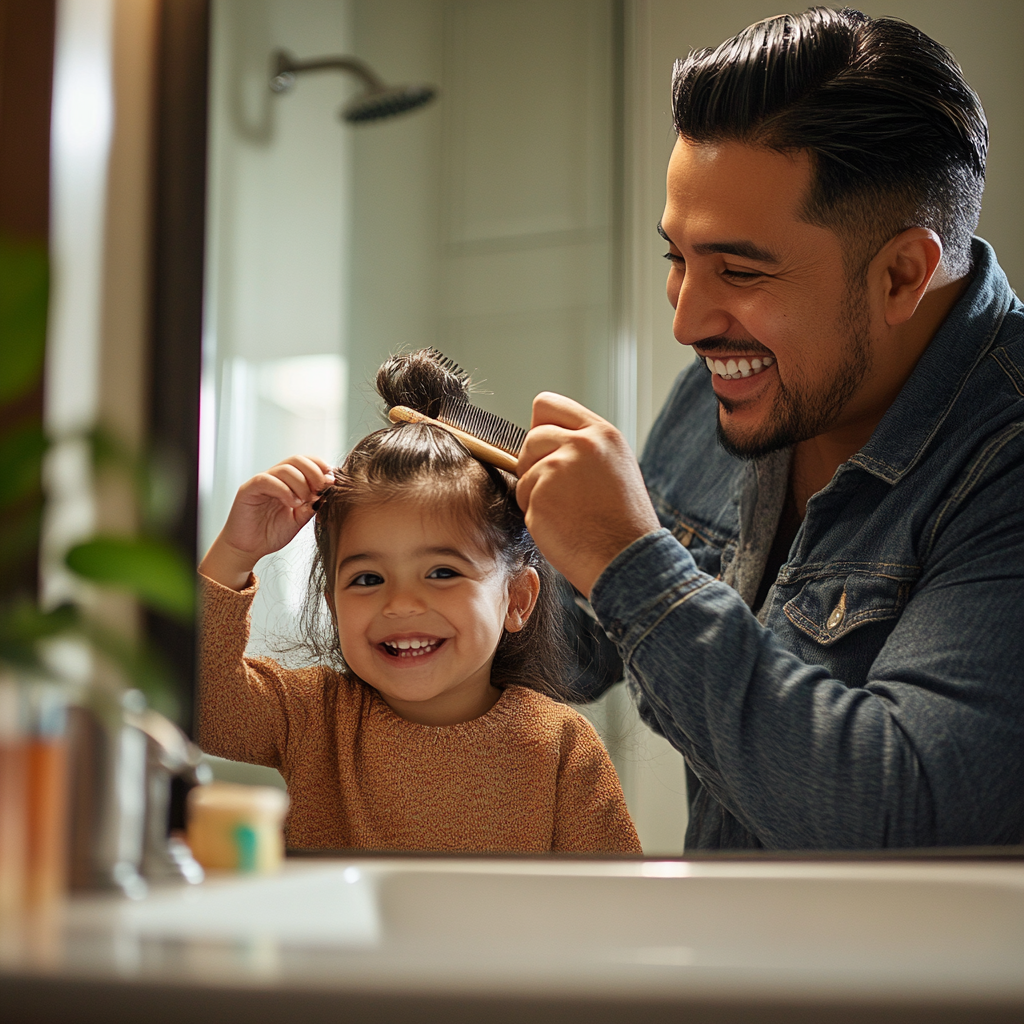 A Hispanic father styles toddler daughter's hair joyfully