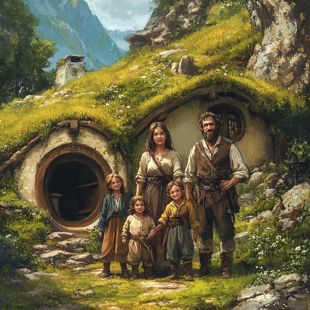 A Hobbit Family Stands Outside Their Hill Home.