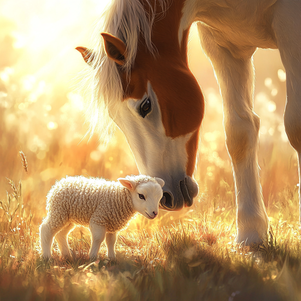 A Horse and Lamb in Peaceful Friendship