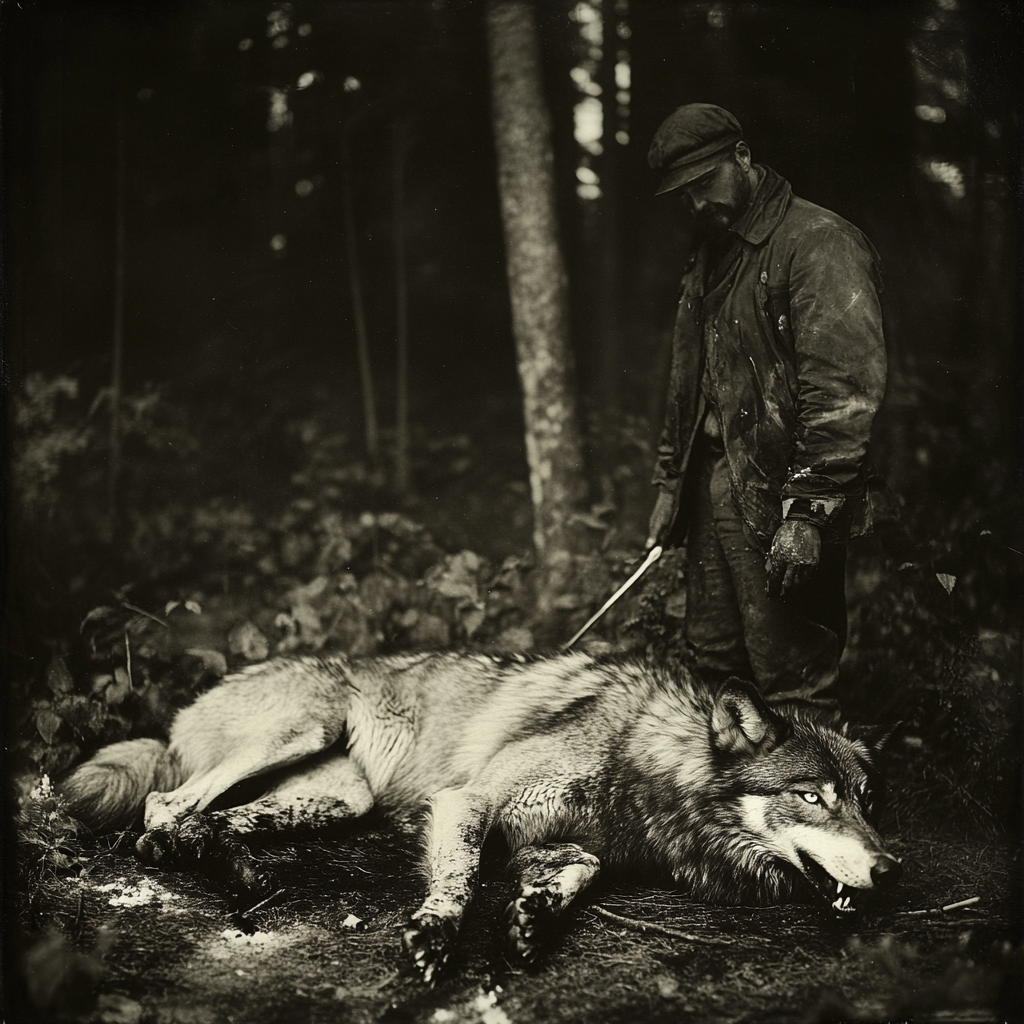 A Hunter Stands Over Dead, Rabid Wolf