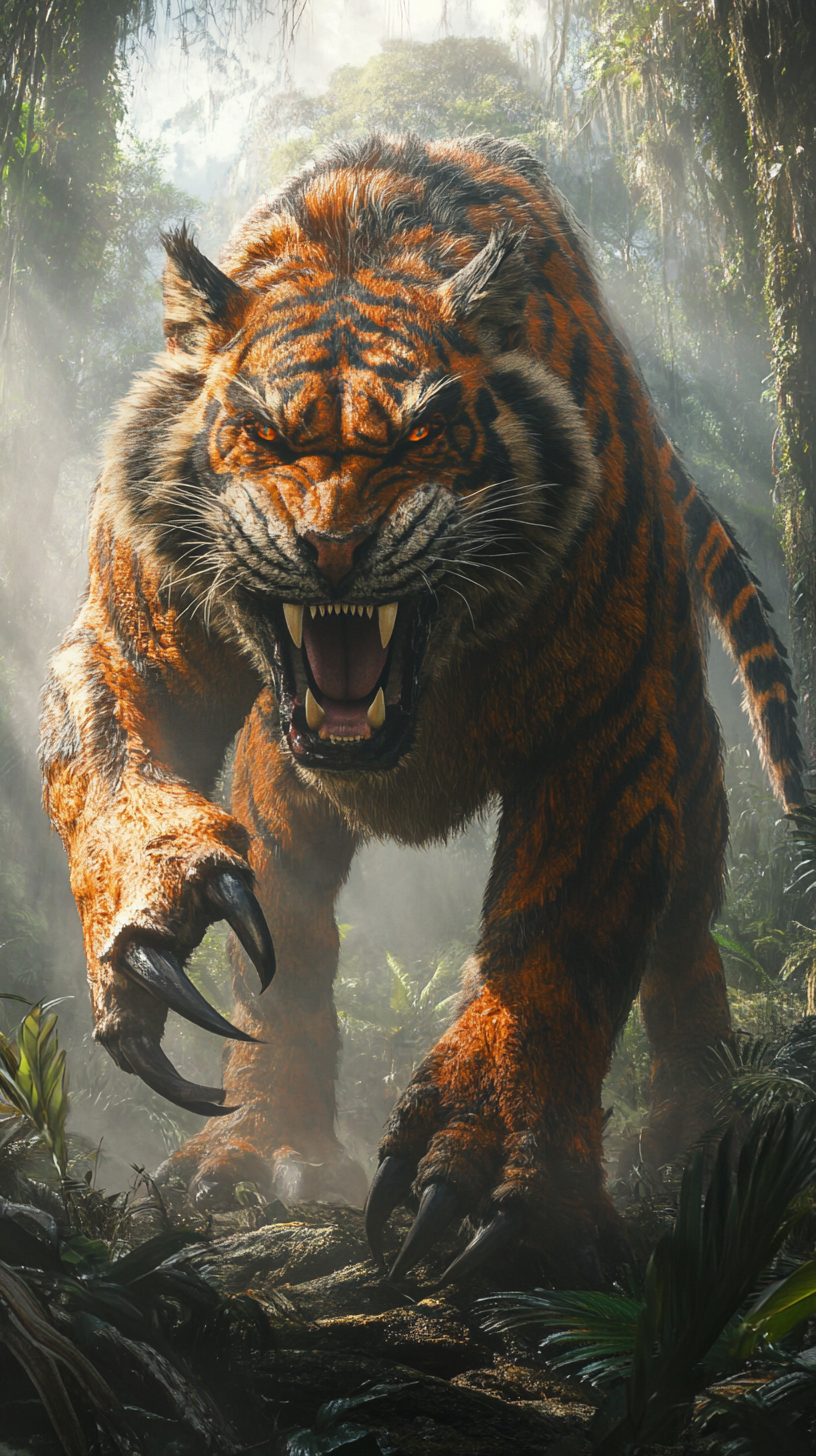 A Hybrid Tiger-Therizinosaurus in the Misty Jungle