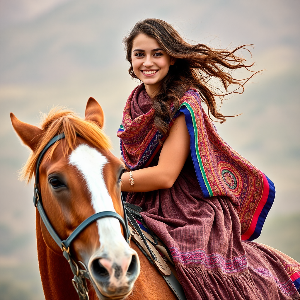 A Iranian Muslim girl riding a strong horse.