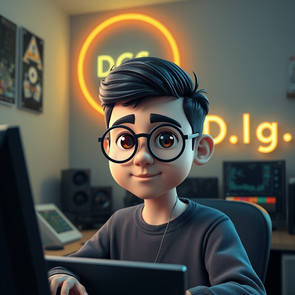 A Iranian boy with glasses in programming room.
