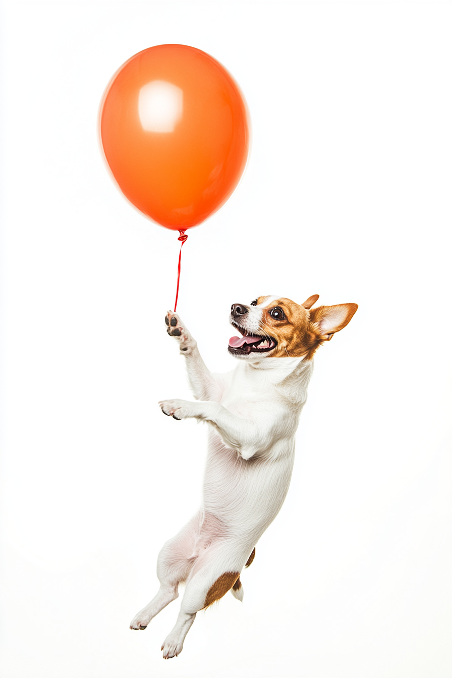 A Jack Russell Dog Holding Balloon Floating Up.