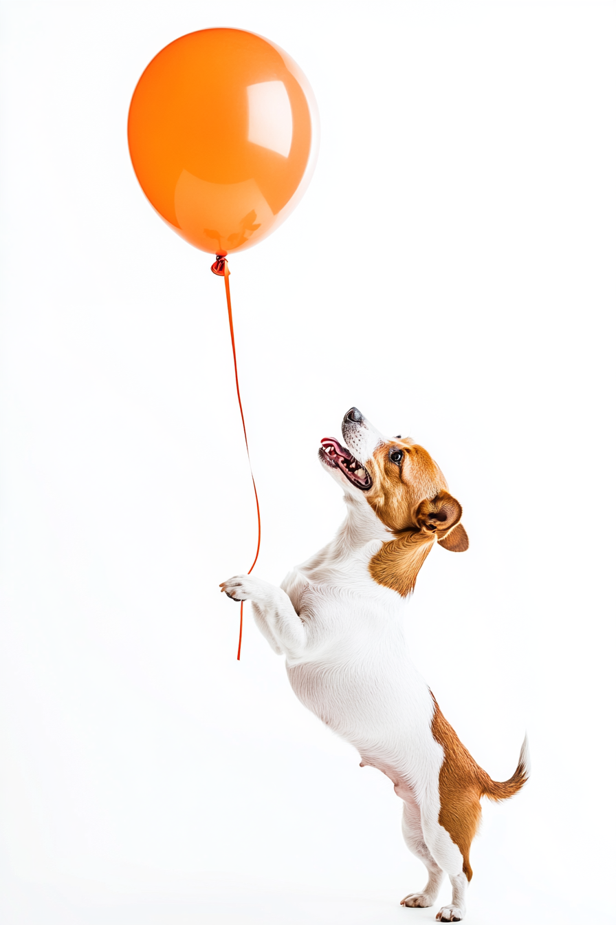 A Jack Russell Dog Hugging Orange Balloon Happily