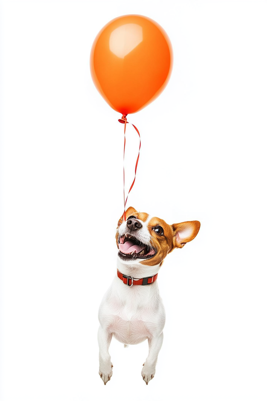 A Jack Russell dog hugging orange balloon.