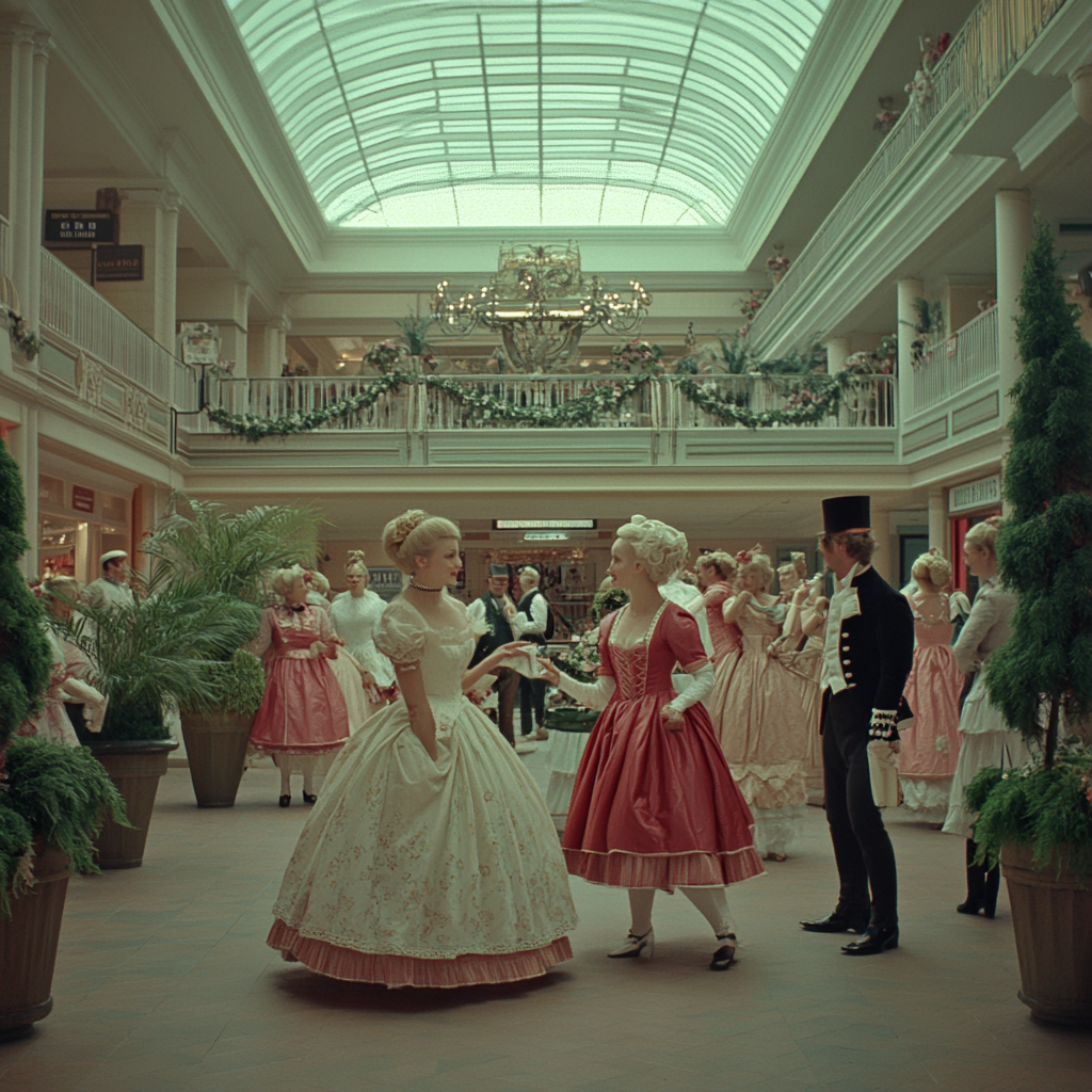 A Jane Austen character-filled mall, Benny Hill style.