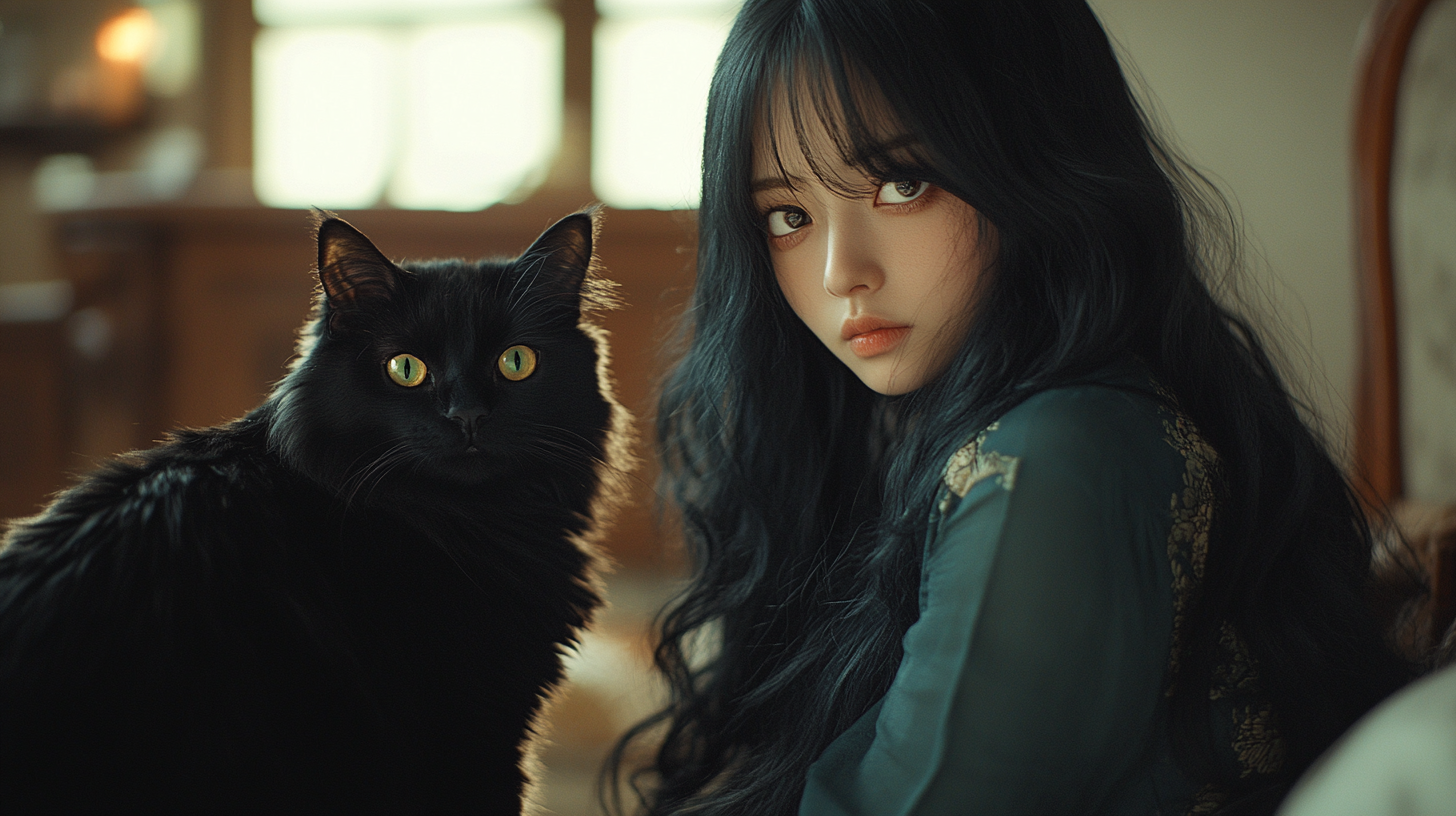 A Japanese Anime Girl with a Black Cat