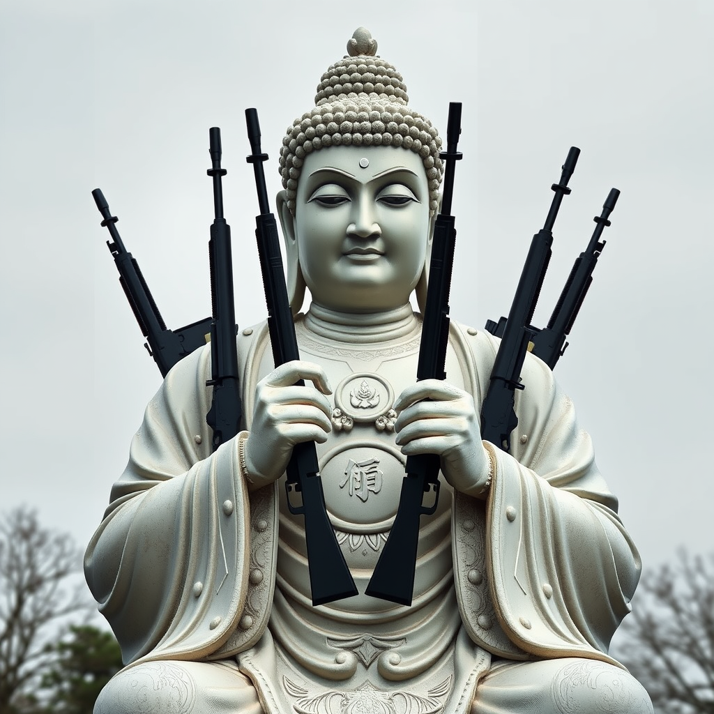 A Japanese Buddha Statue Holding Many Rifles