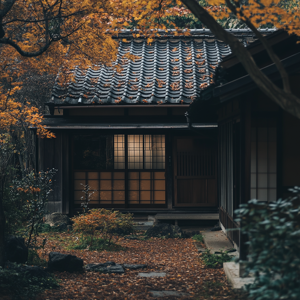 A Japanese Family House on a Autumn Day.