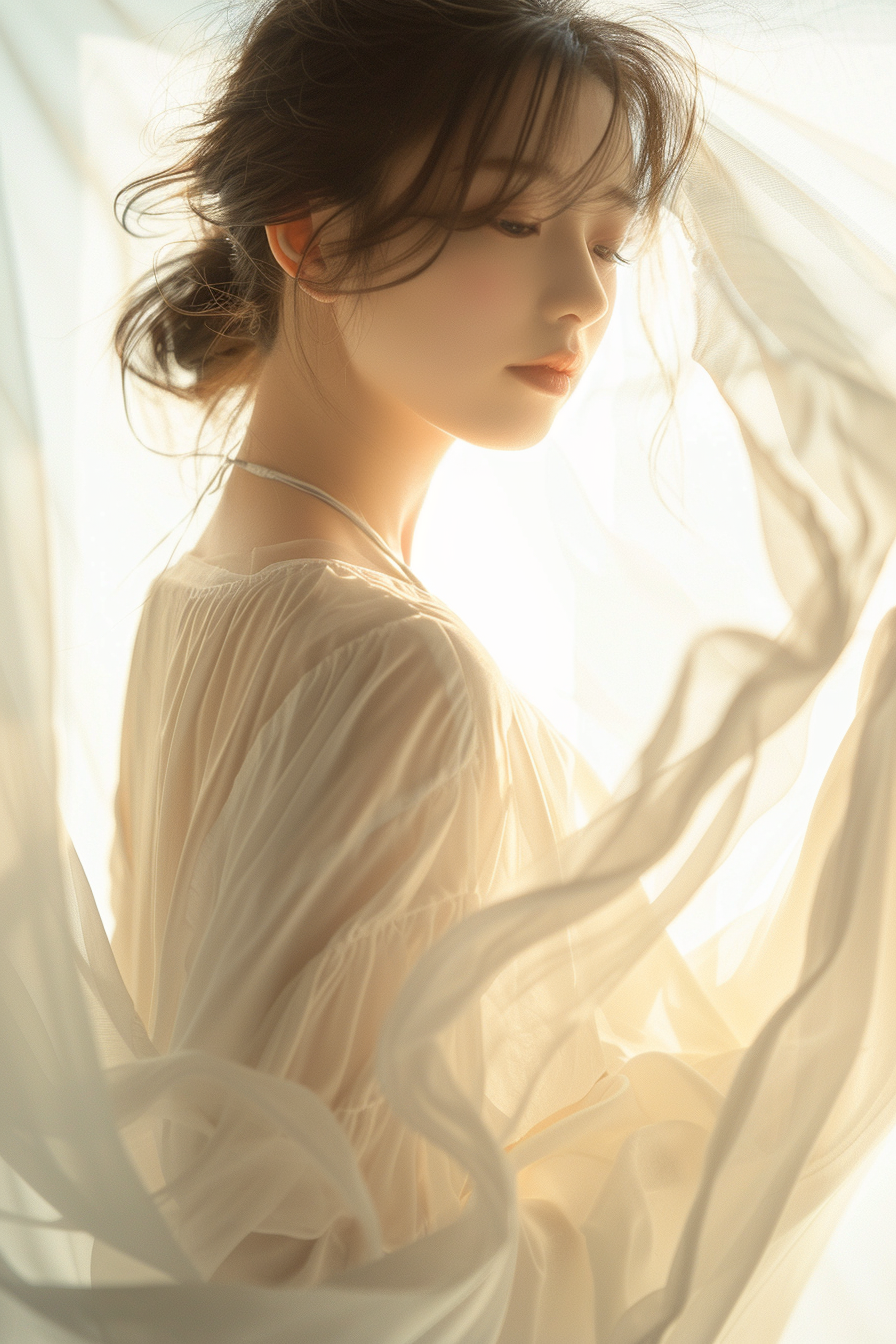 A Japanese Girl in Elegant White Chiffon