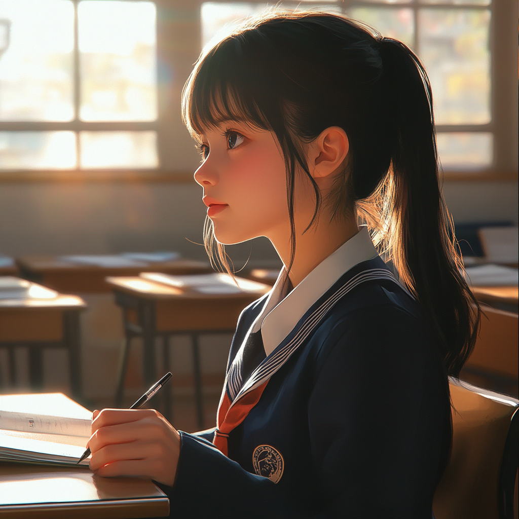 A Japanese High School Girl Writing in Classroom