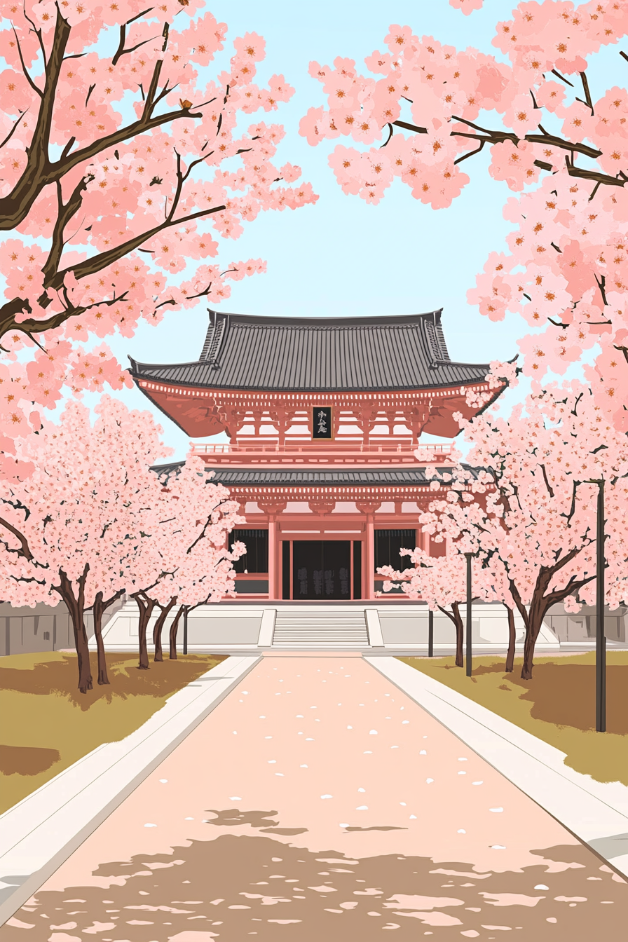 A Japanese Temple with Sakura Blossom Trees