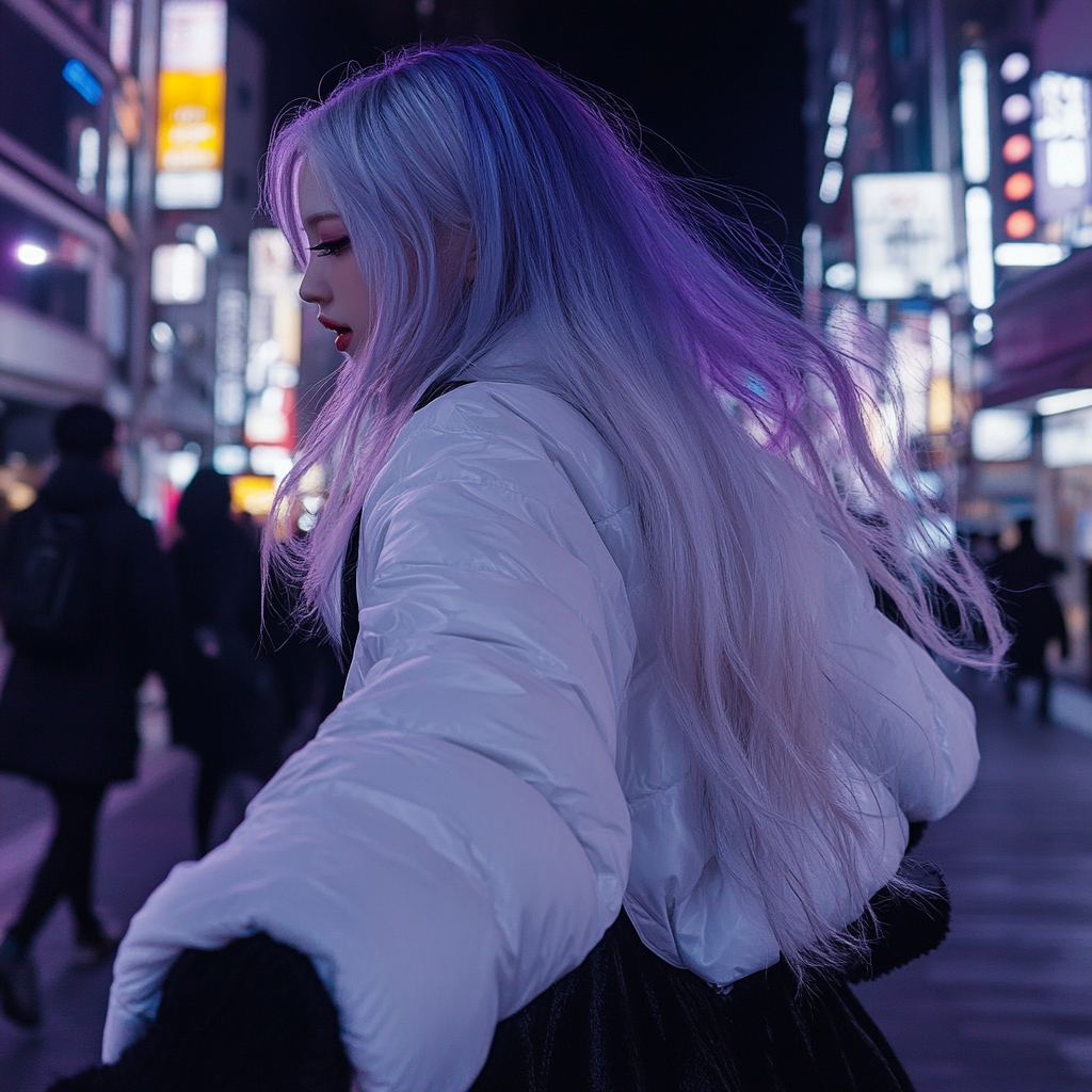 A Japanese Woman Strolling Shibuya Streets at Night