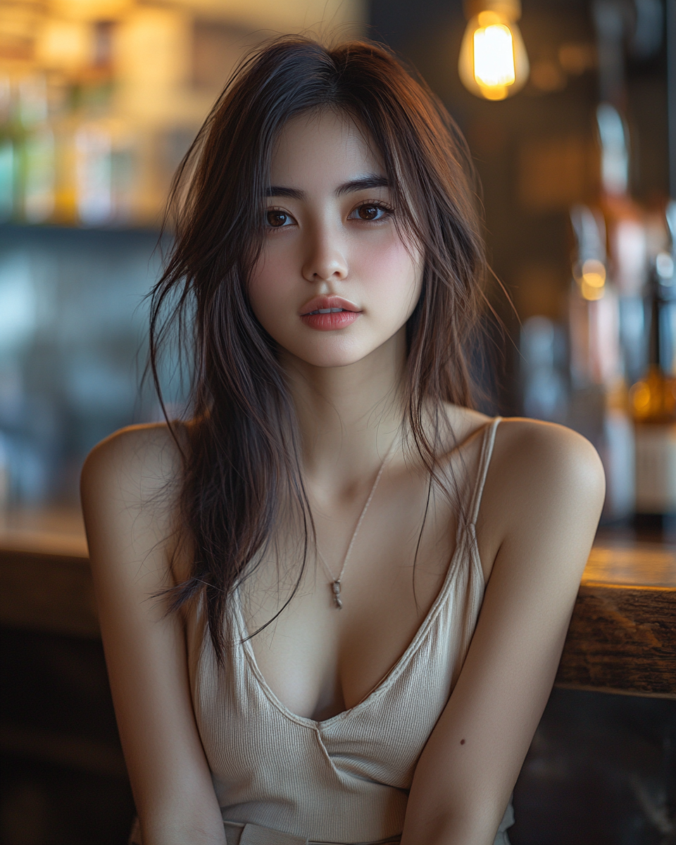 A Japanese beauty with stunning eyes and crossed legs.