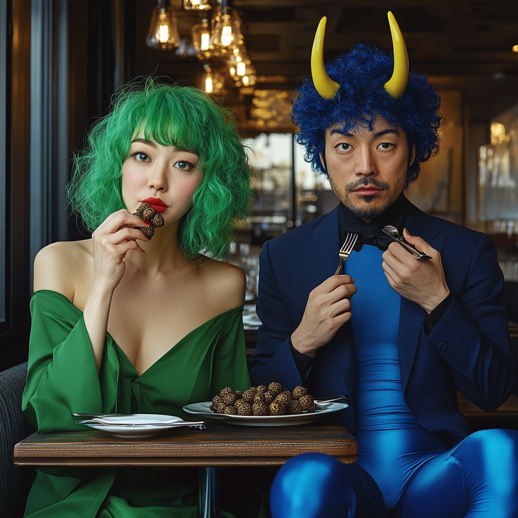 A Japanese couple at fancy restaurant with unique hairstyles