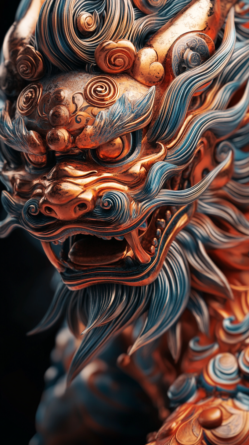 A Japanese fierce foo dog closeup with flowy design.