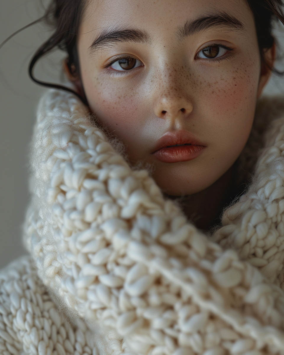 A Japanese girl in cozy white cardigan portrait.