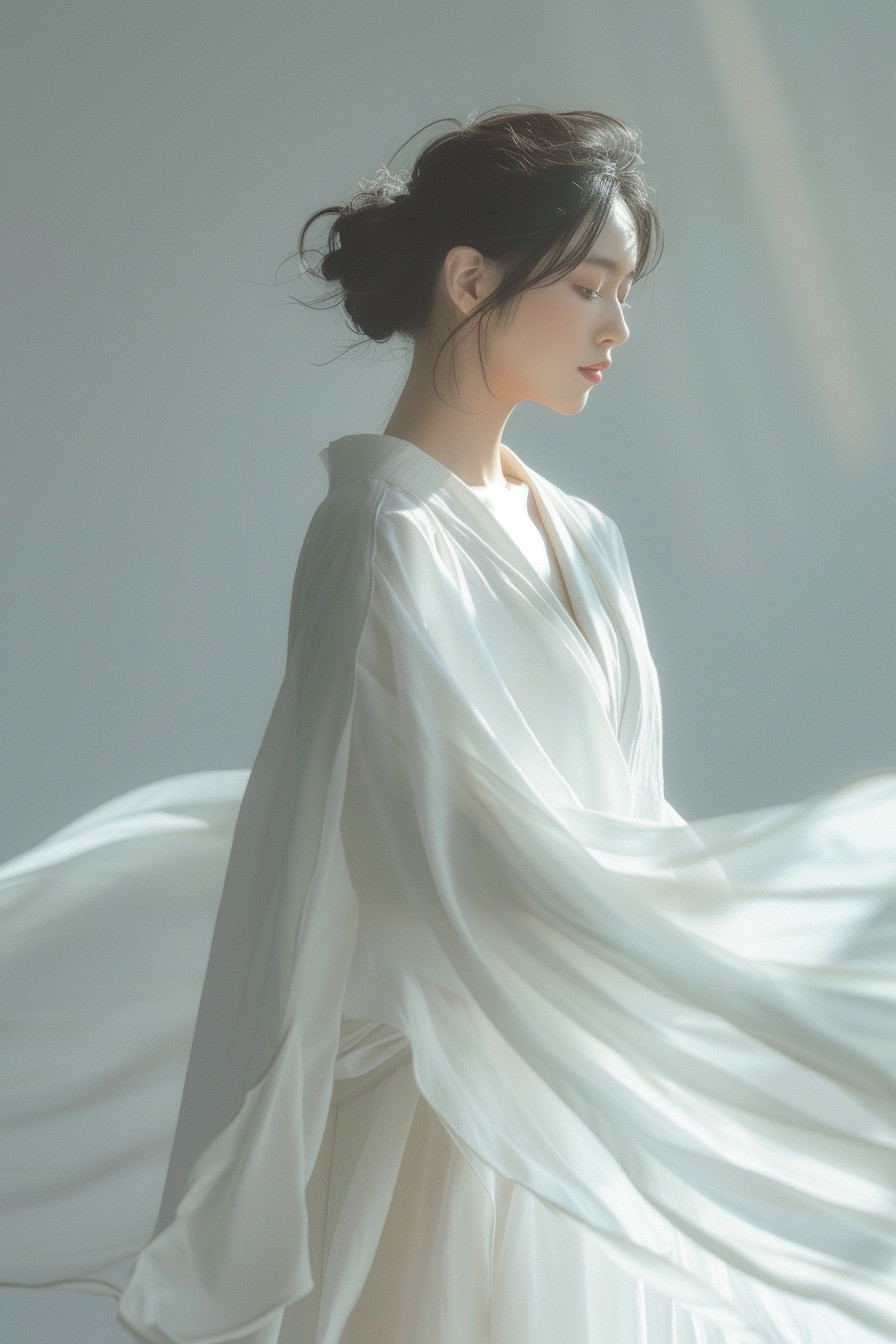 A Japanese girl in white cardigan, glowing softly.