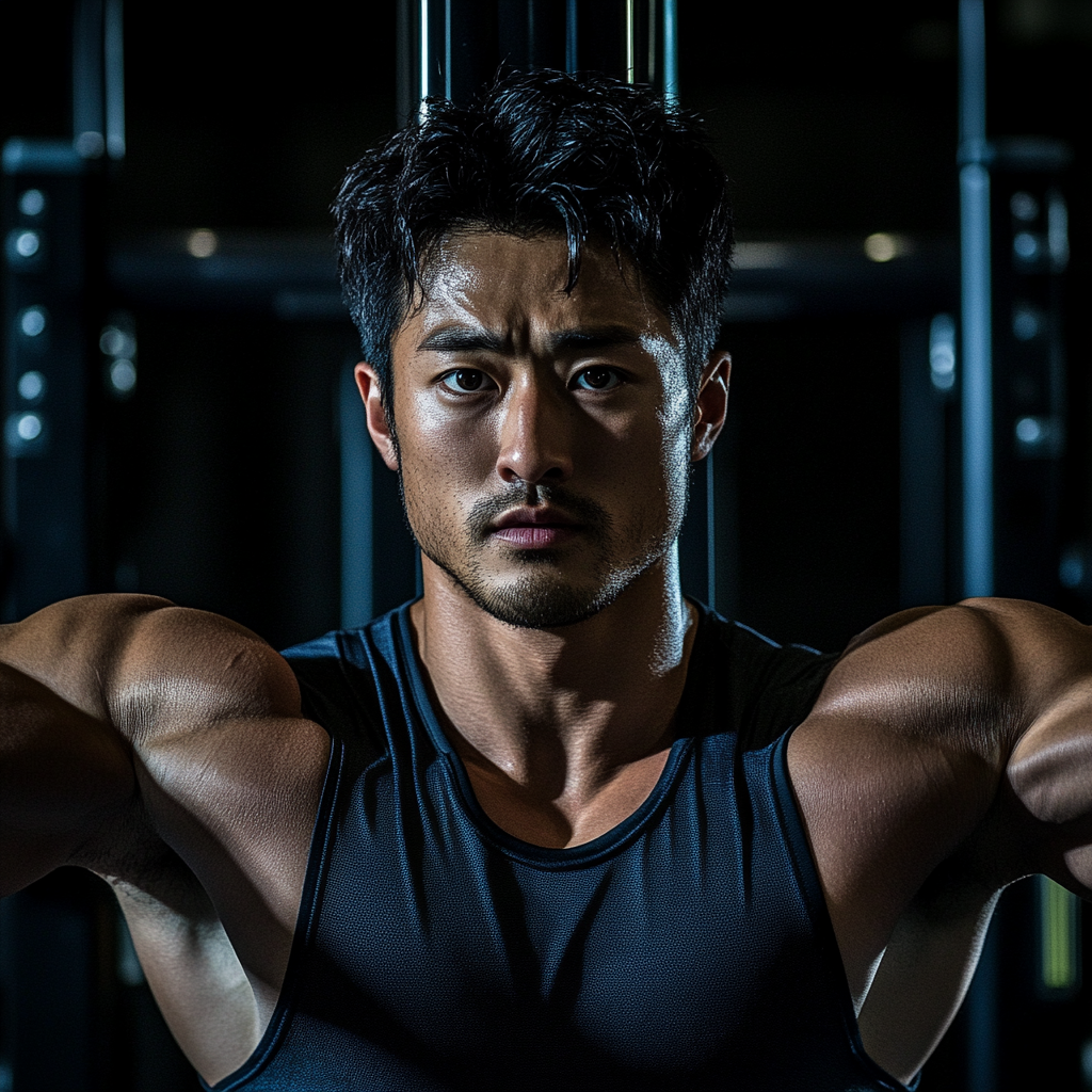 A Japanese man in 30s working out at gym.