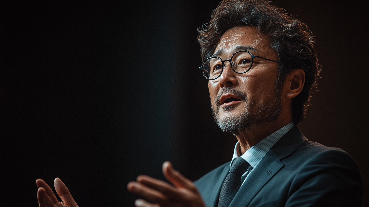 A Japanese man in suit giving presentation on stage