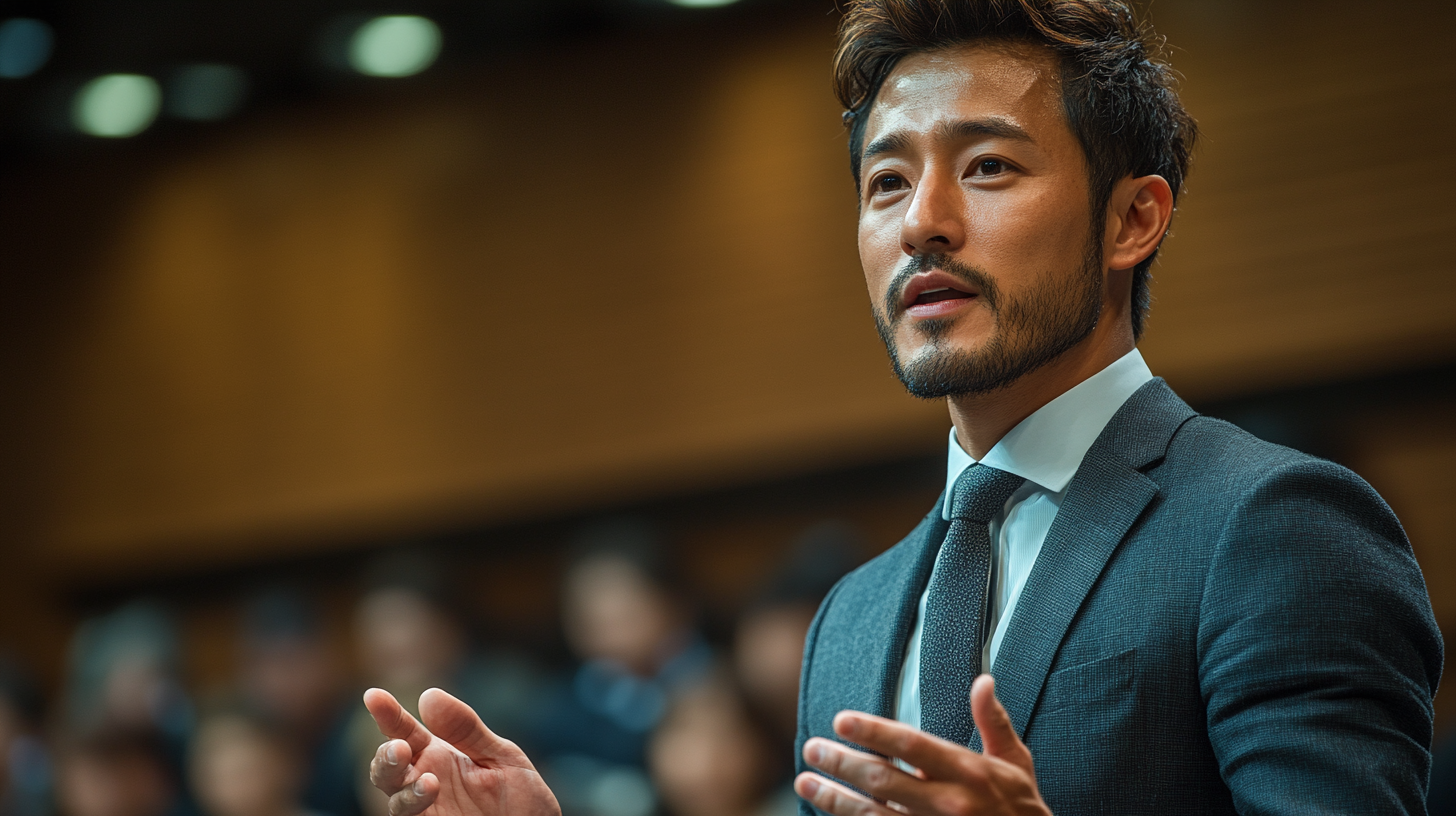 A Japanese man in suit presenting on stage.