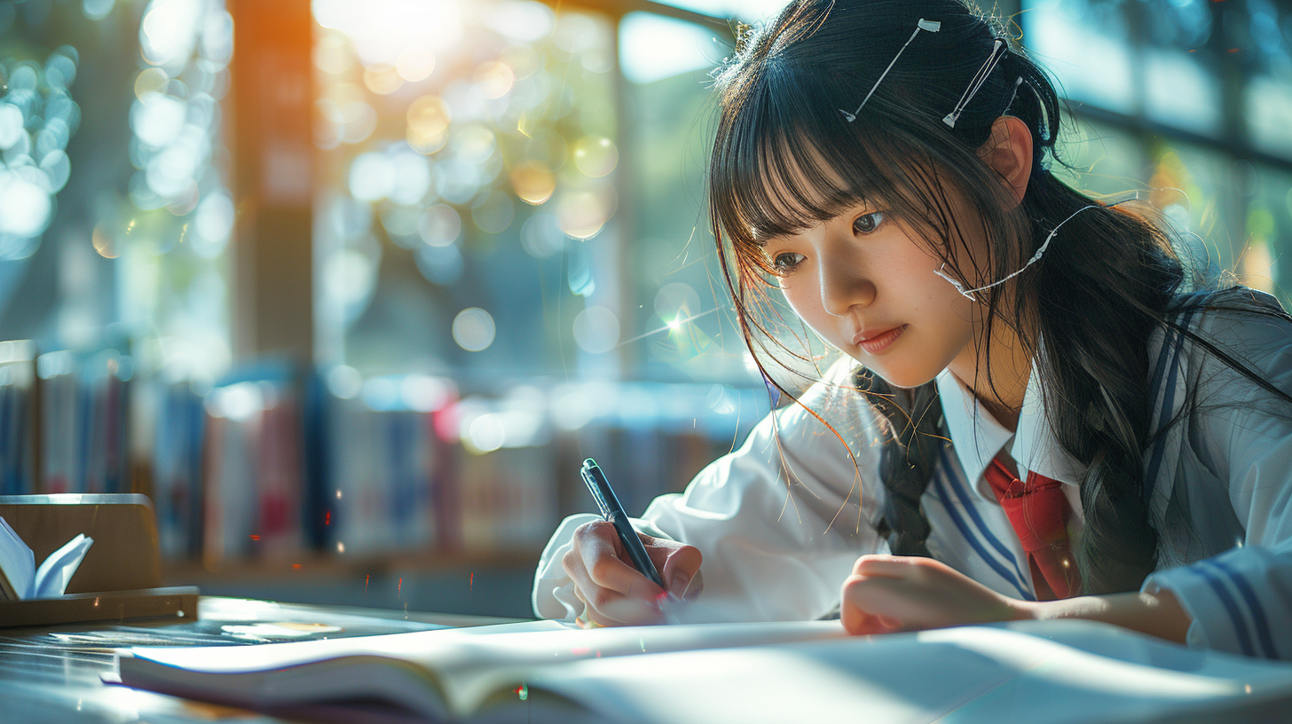 A Japanese schoolgirl writing in a bright classroom.