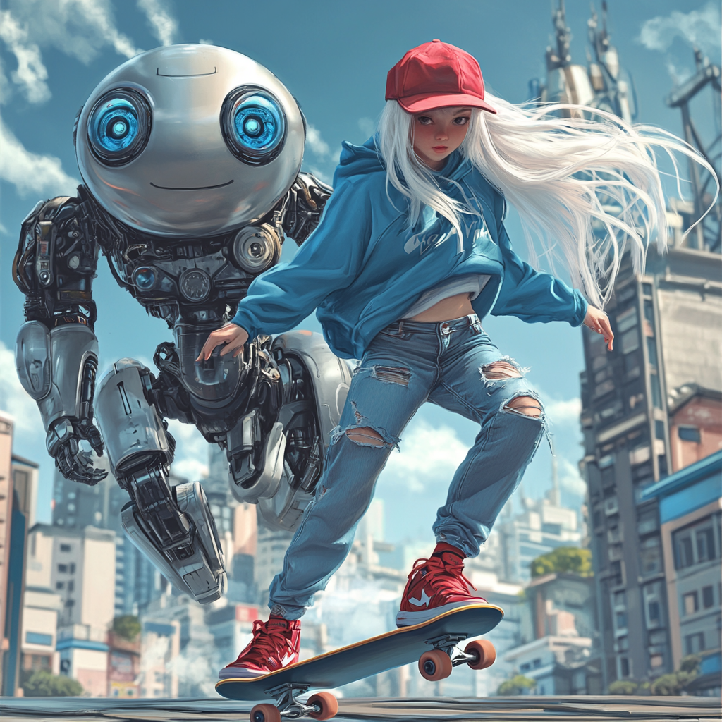 A Japanese woman and a robot on skateboards.