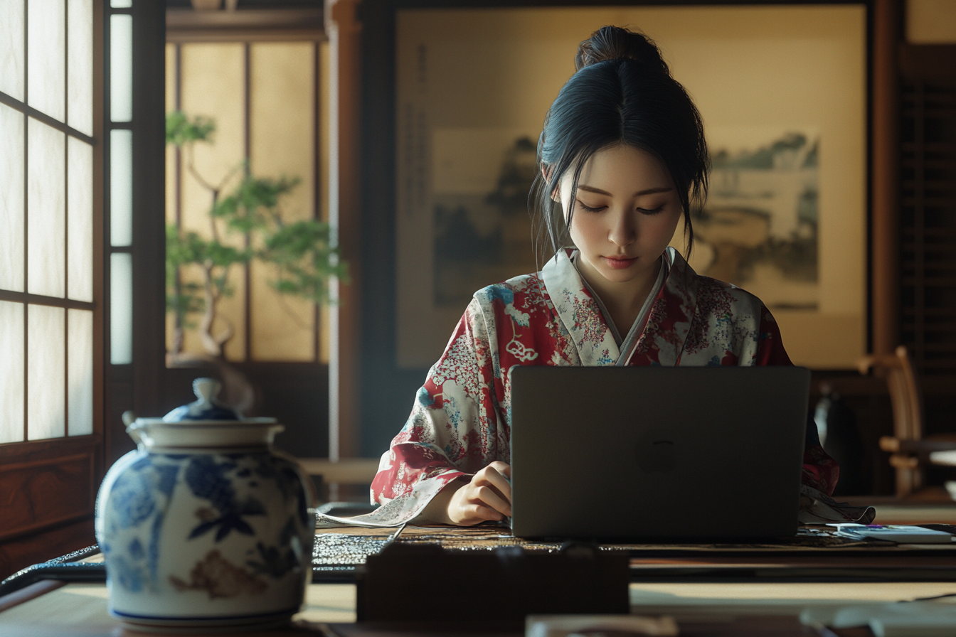 A Japanese woman budgeting on laptop in cozy room