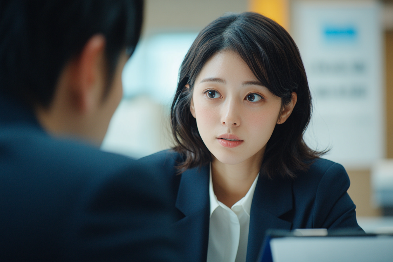 A Japanese woman discussing loan with bank employee