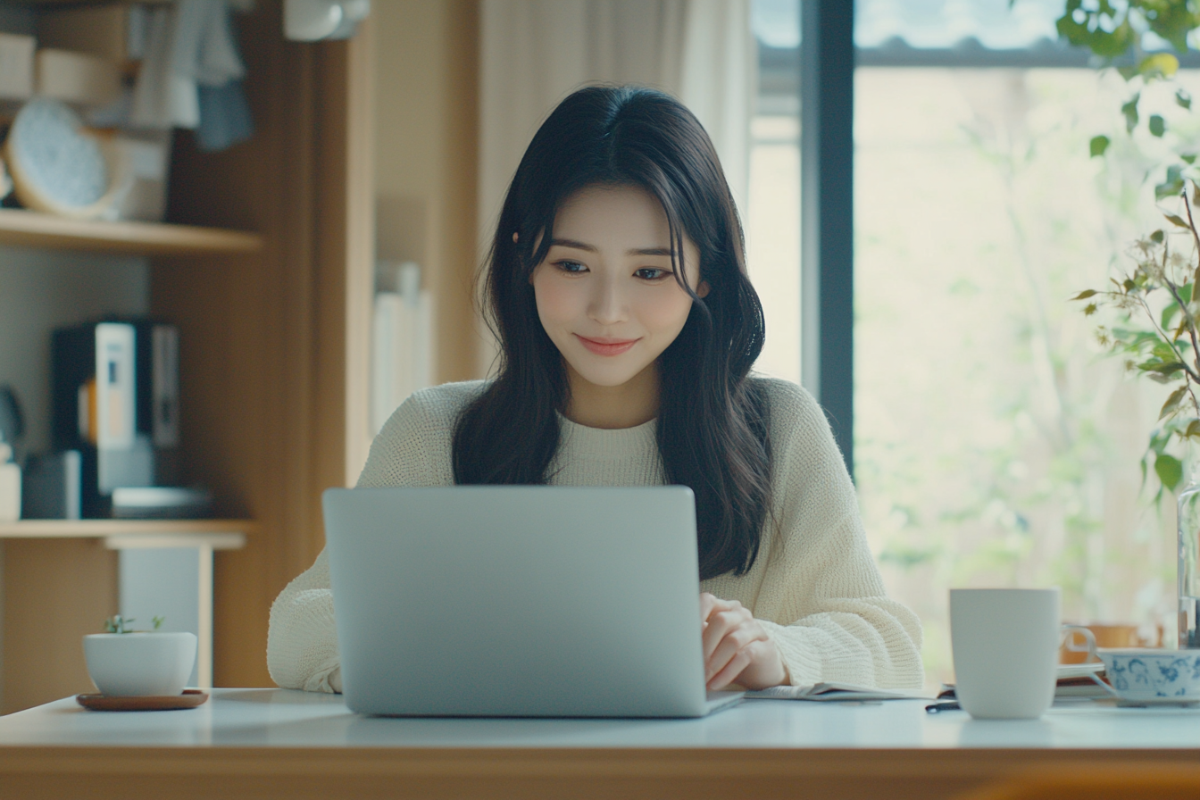 A Japanese woman happily managing finances on laptop