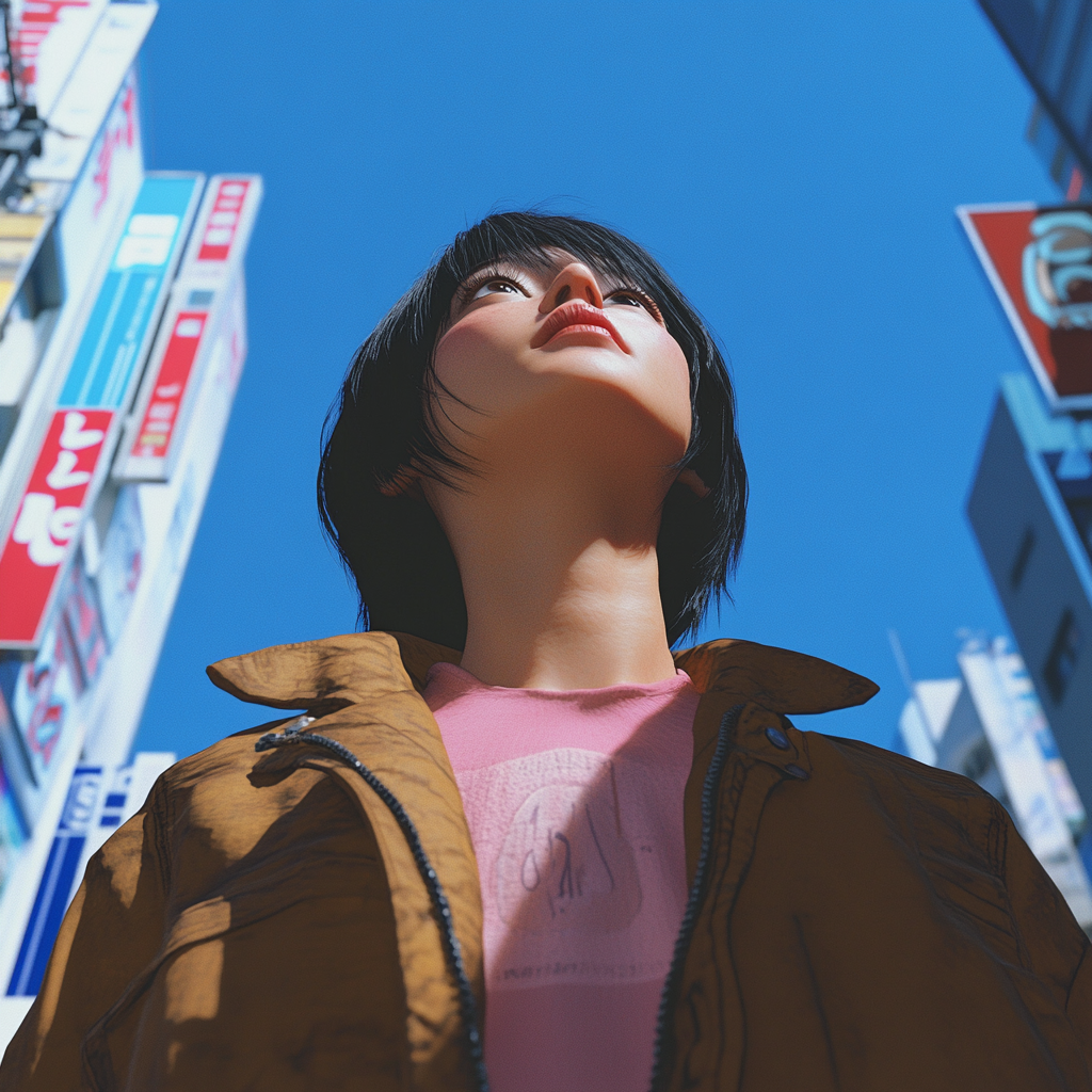 A Japanese woman in Ginza looking up at sky.