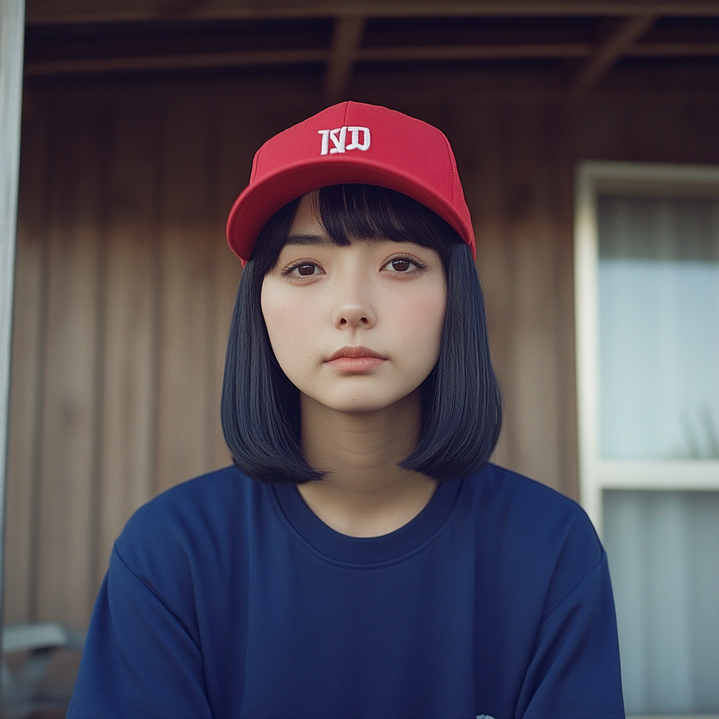 A Japanese woman sitting in countryside.