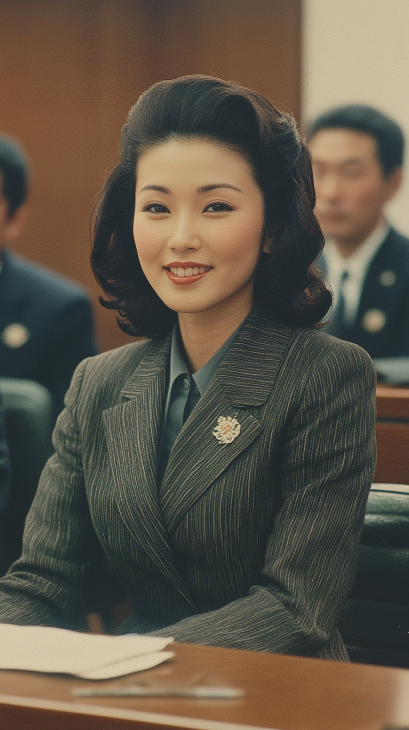 A Japanese woman smiles in a suit