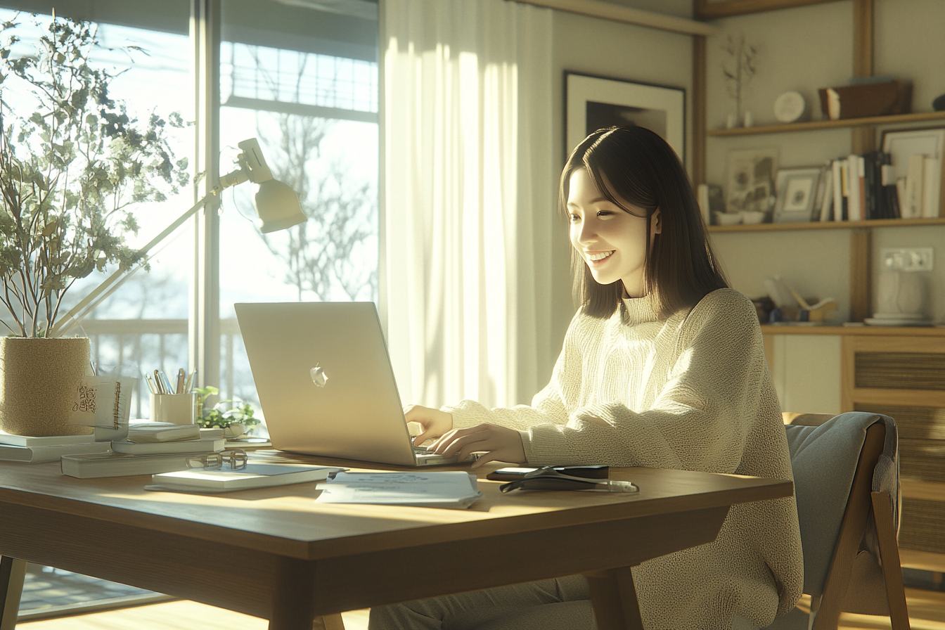 A Japanese woman smiling at laptop in bright room