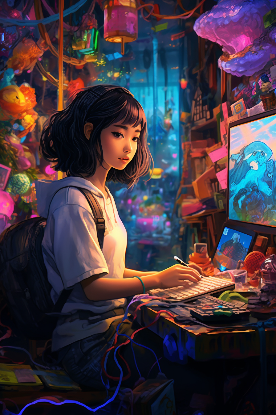 A Japanese woman with computer in colorful setting.