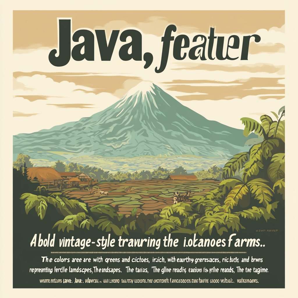 A Java travel poster with volcanoes, coffee, and adventure