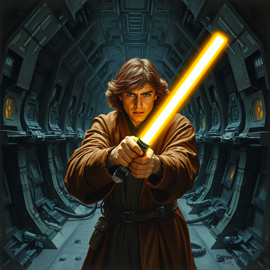 A Jedi Illuminating a Gloomy Sith Ship Hallway