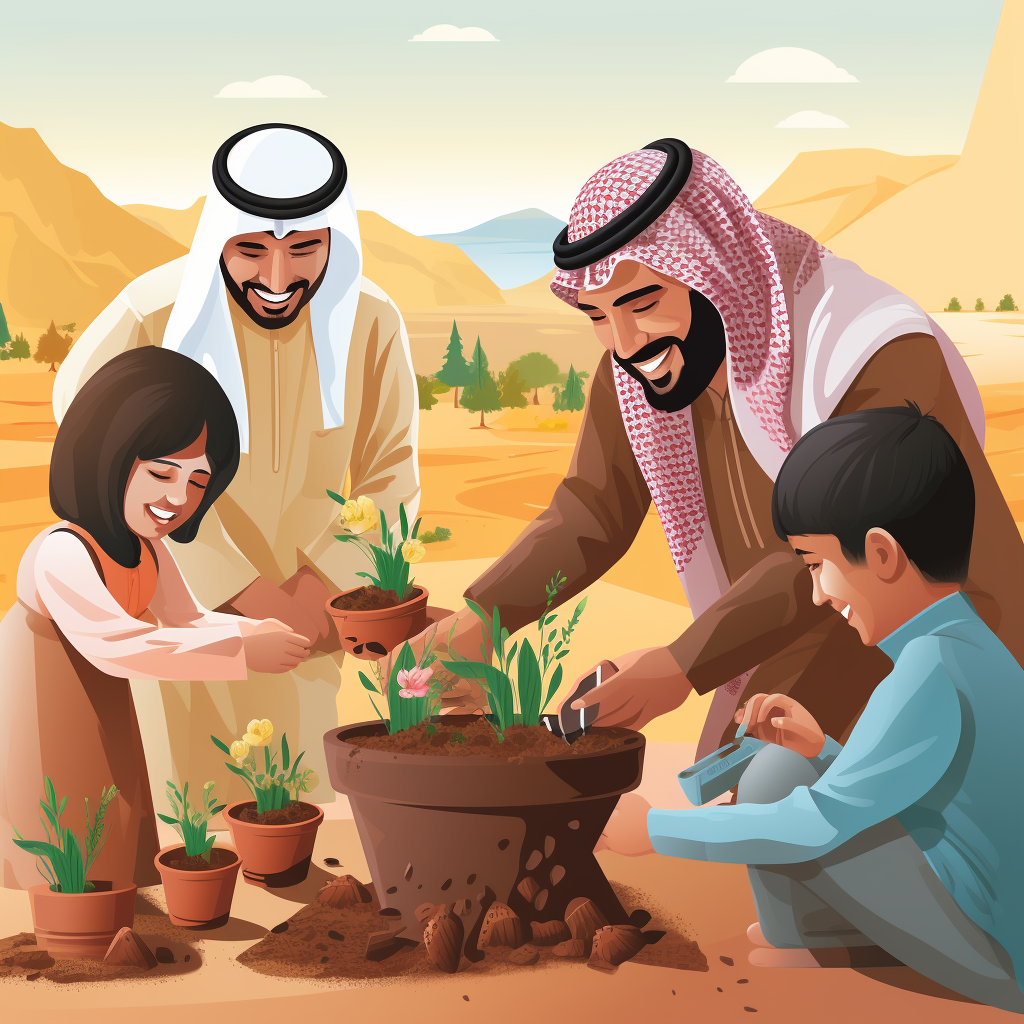 A Joyful Saudi Family Planting Wildflower in Riyadh