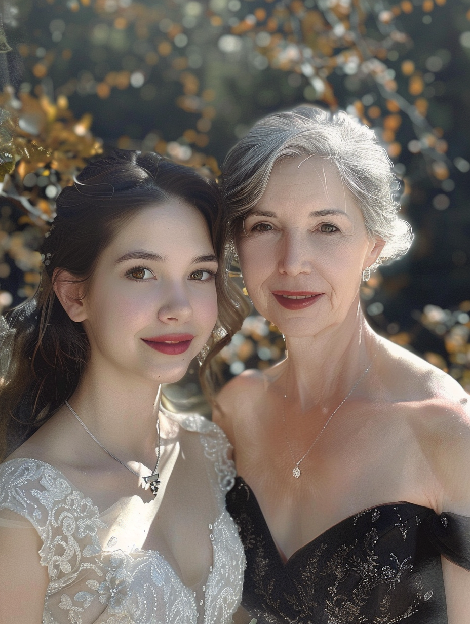 A Joyful Wedding Day: Mom and Daughter Outside