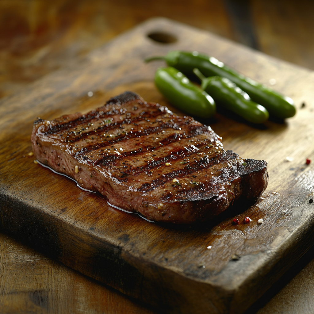 A Juicy Steak with Jalapeños on Wooden Platter.