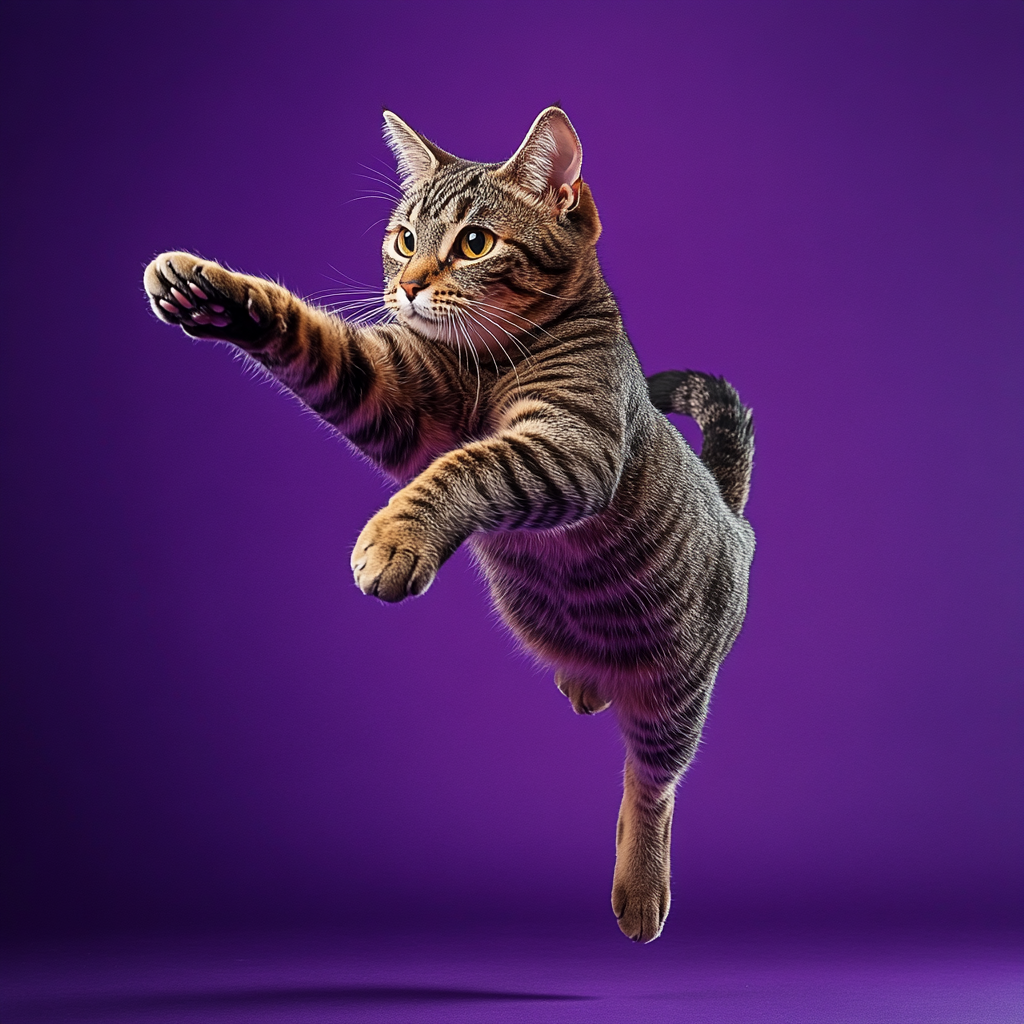 A Jumping Tabby Cat Catching Toy in Spotlight