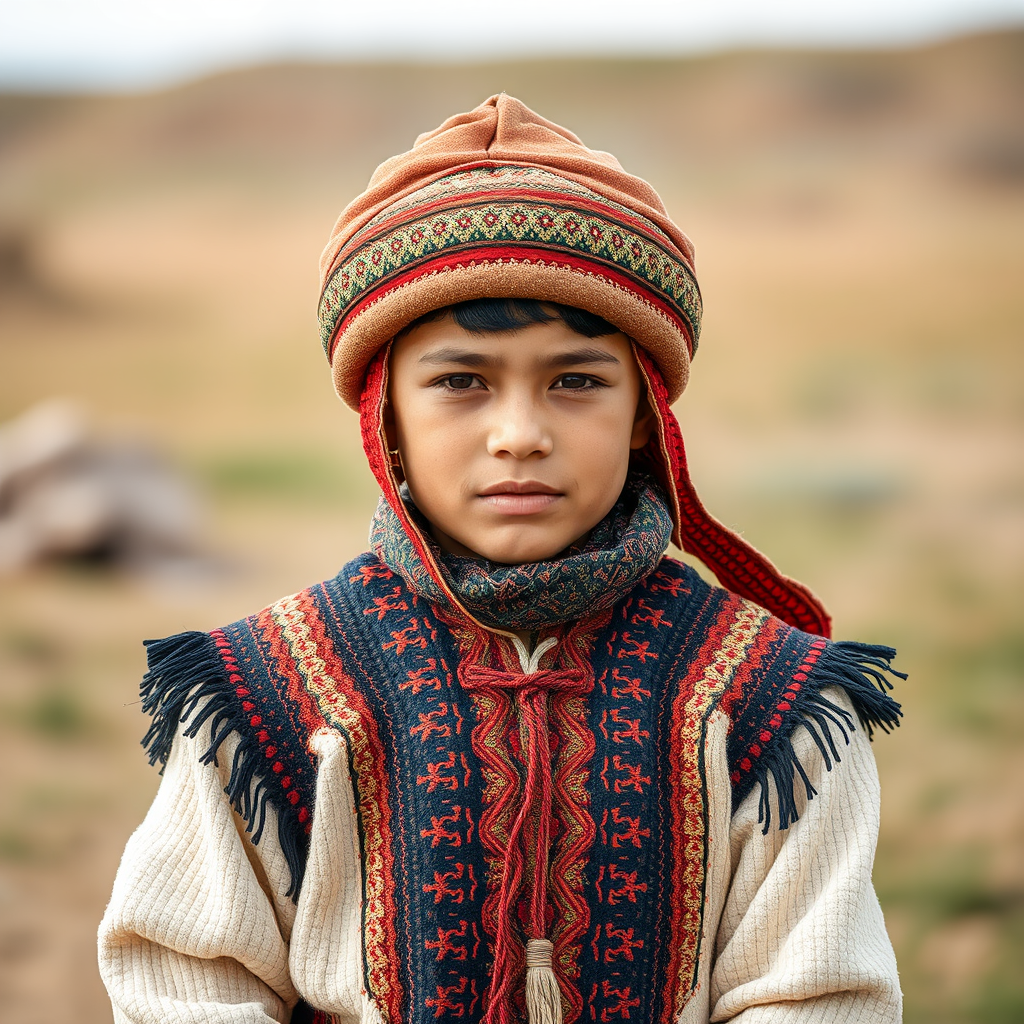 A Kazakh Boy in Traditional Nomadic Attire