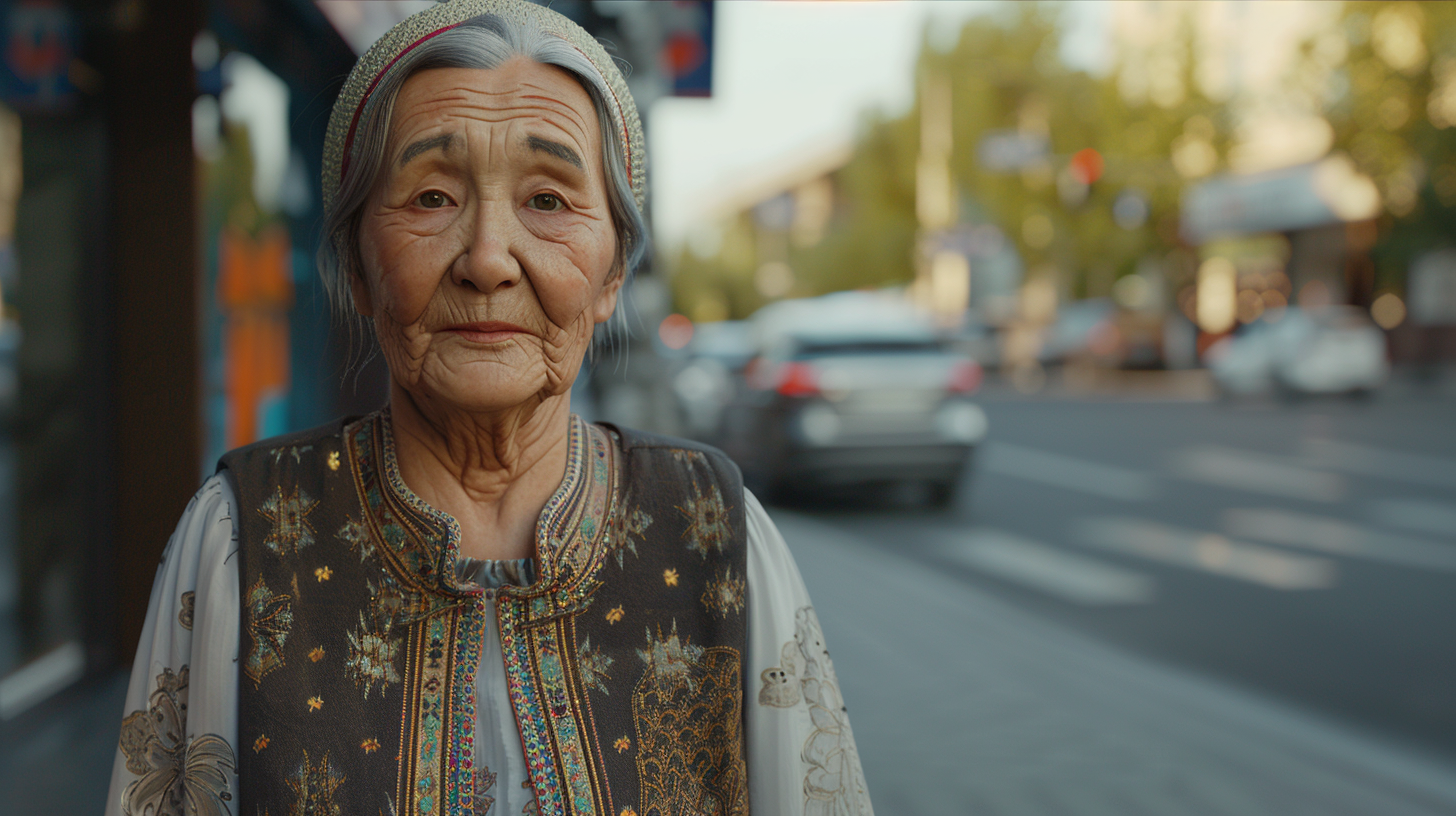 A Kazakh grandmother in traditional-modern attire conveys warmth.