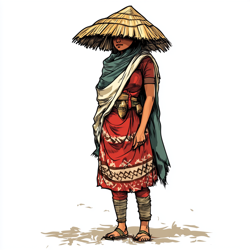 A Khasi woman farmer wearing traditional bamboo hat.