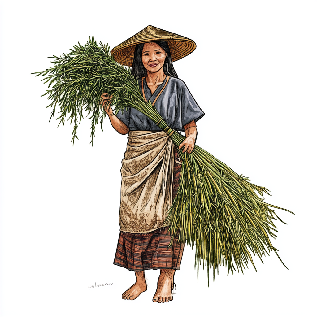 A Khasi woman wearing traditional bamboo hat farming.