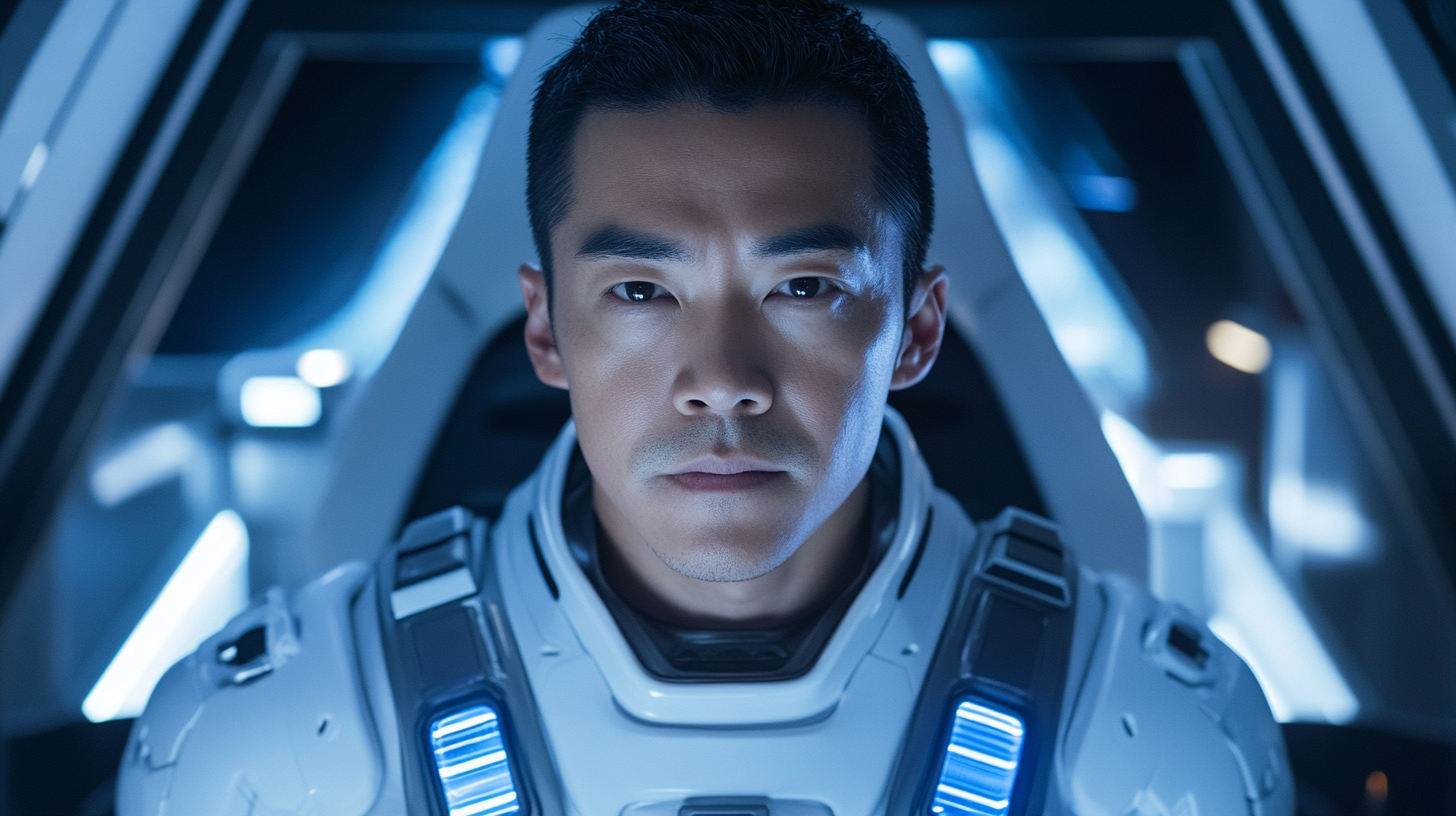 A Kind Asian Astronaut in a Futuristic Spaceship