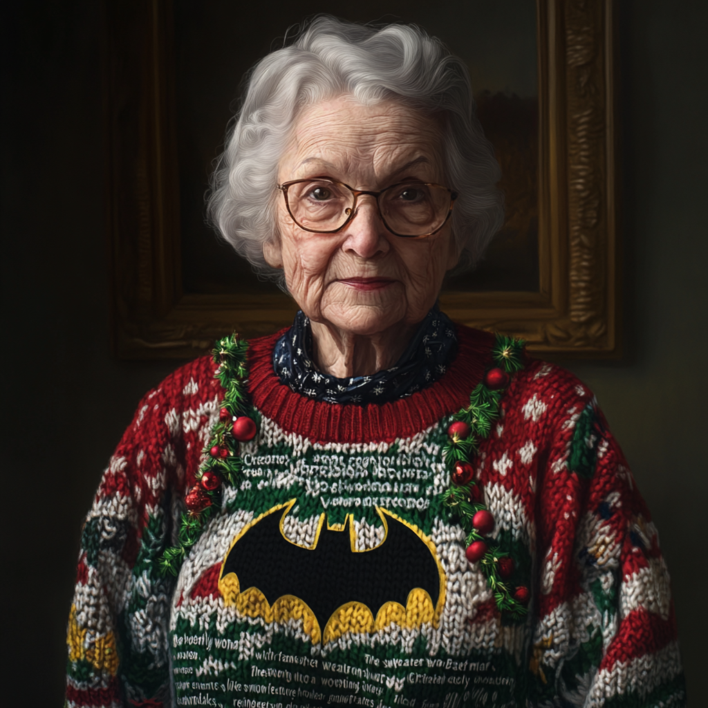 A Kind Elderly Woman in Festive Batman Sweater