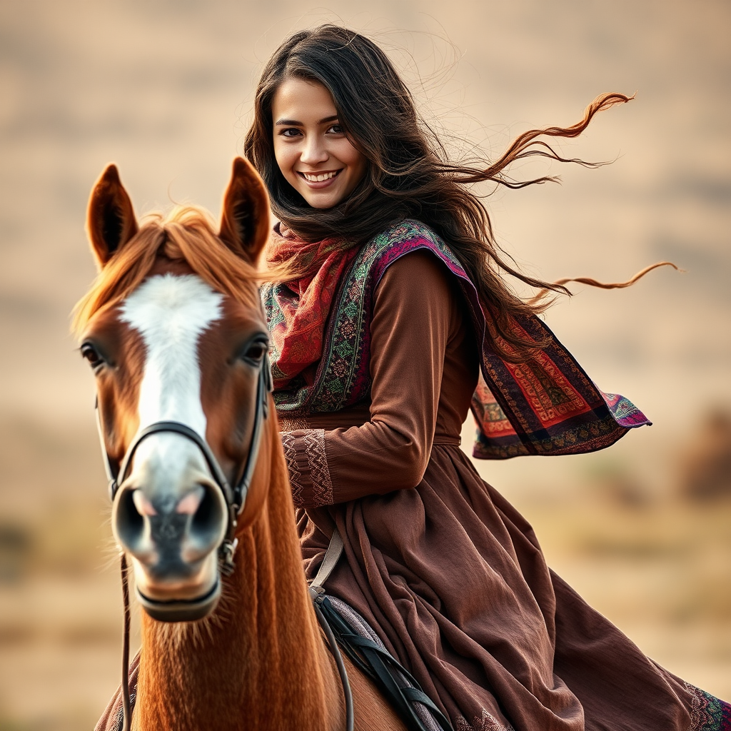 A Kind Iranian Girl Riding Fit Horse Joyfully