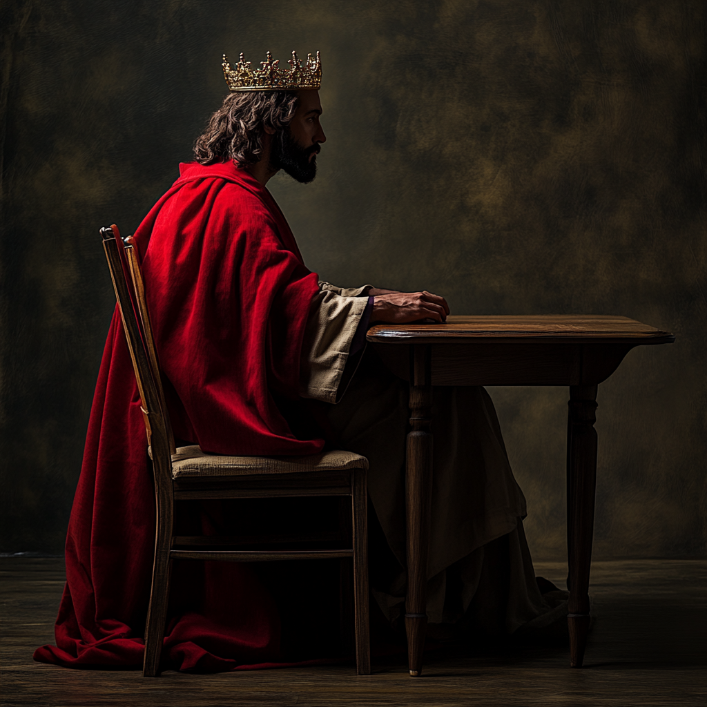 A King Jesus waits at table for guest.